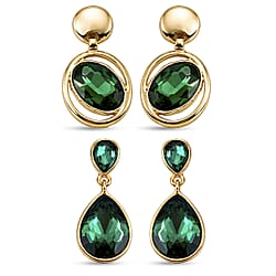 Set of 2 - Green Crystal Pear Dangling Earring with Push Back in Yellow Gold Tone