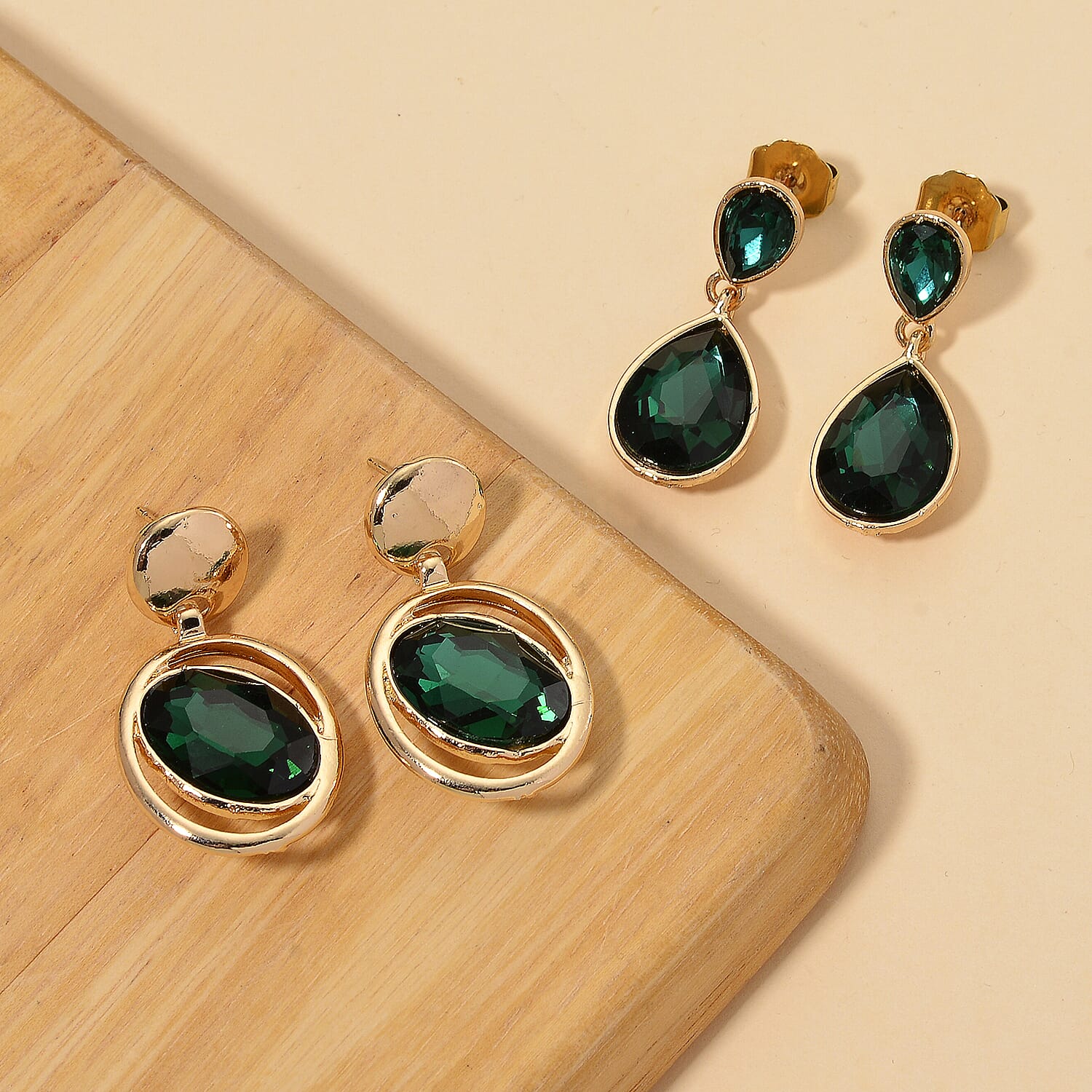 Set of 2 - Green Crystal Pear Dangling Earring with Push Back in Yellow Gold Tone