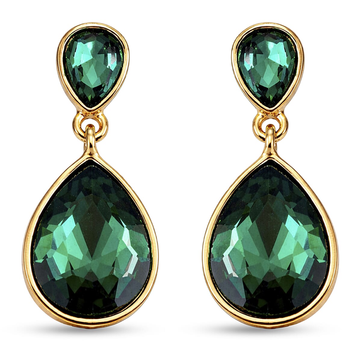 Set of 2 - Green Crystal Pear Dangling Earring with Push Back in Yellow Gold Tone