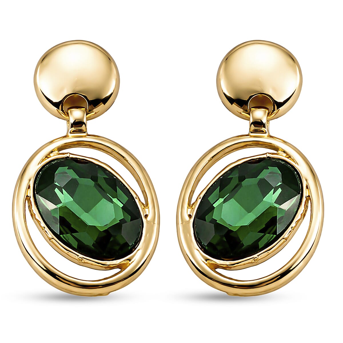 Set of 2 - Green Crystal Pear Dangling Earring with Push Back in Yellow Gold Tone