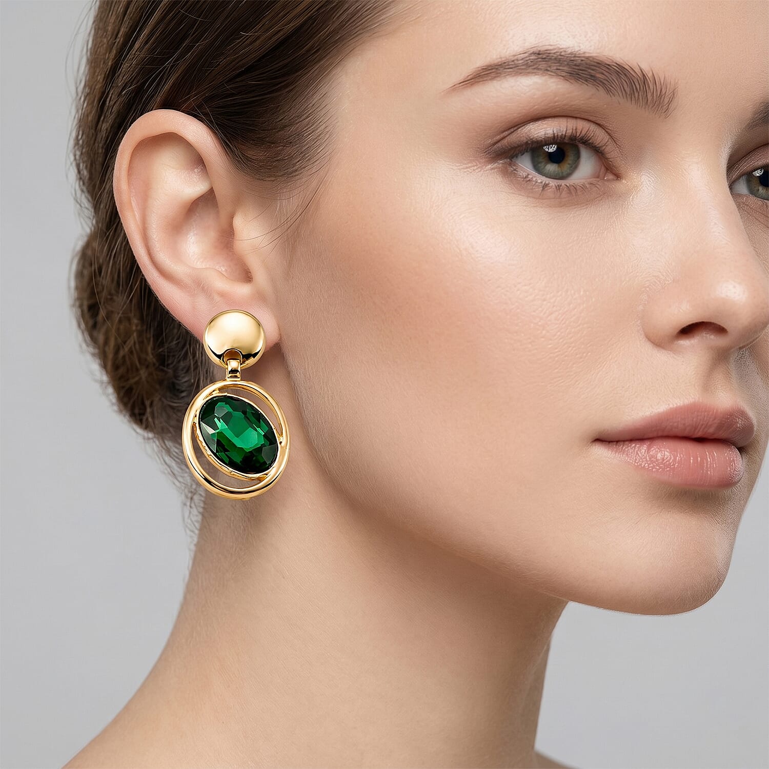Set of 2 - Green Crystal Pear Dangling Earring with Push Back in Yellow Gold Tone
