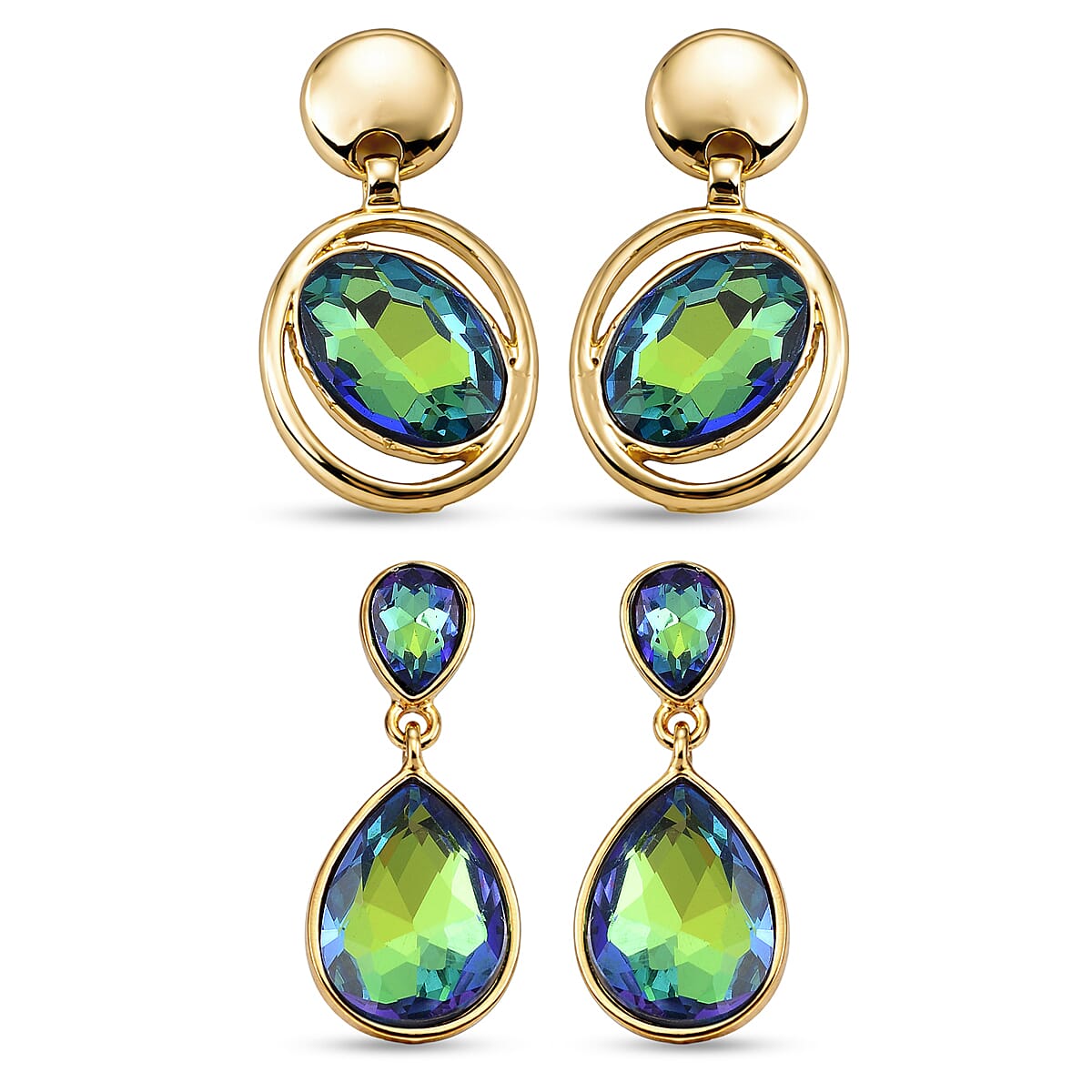 Set of 2 -  Green Magic Color Crystal Dangling Earring with Push Back in Yellow Gold Tone