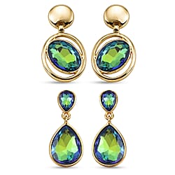 Set of 2 - Green Crystal Pear Dangling Earring with Push Back in Yellow Gold Tone