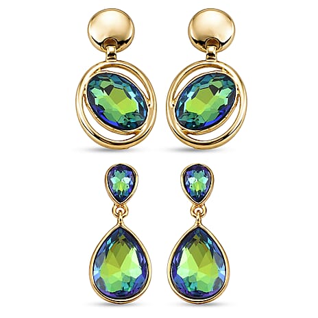 Set of 2 -  Green Magic Color Crystal Dangling Earring with Push Back in Yellow Gold Tone