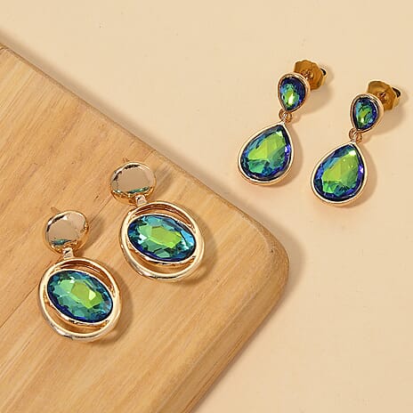 Set of 2 - Green Magic Color Crystal Dangling Earring with Push Back in Yellow Gold Tone