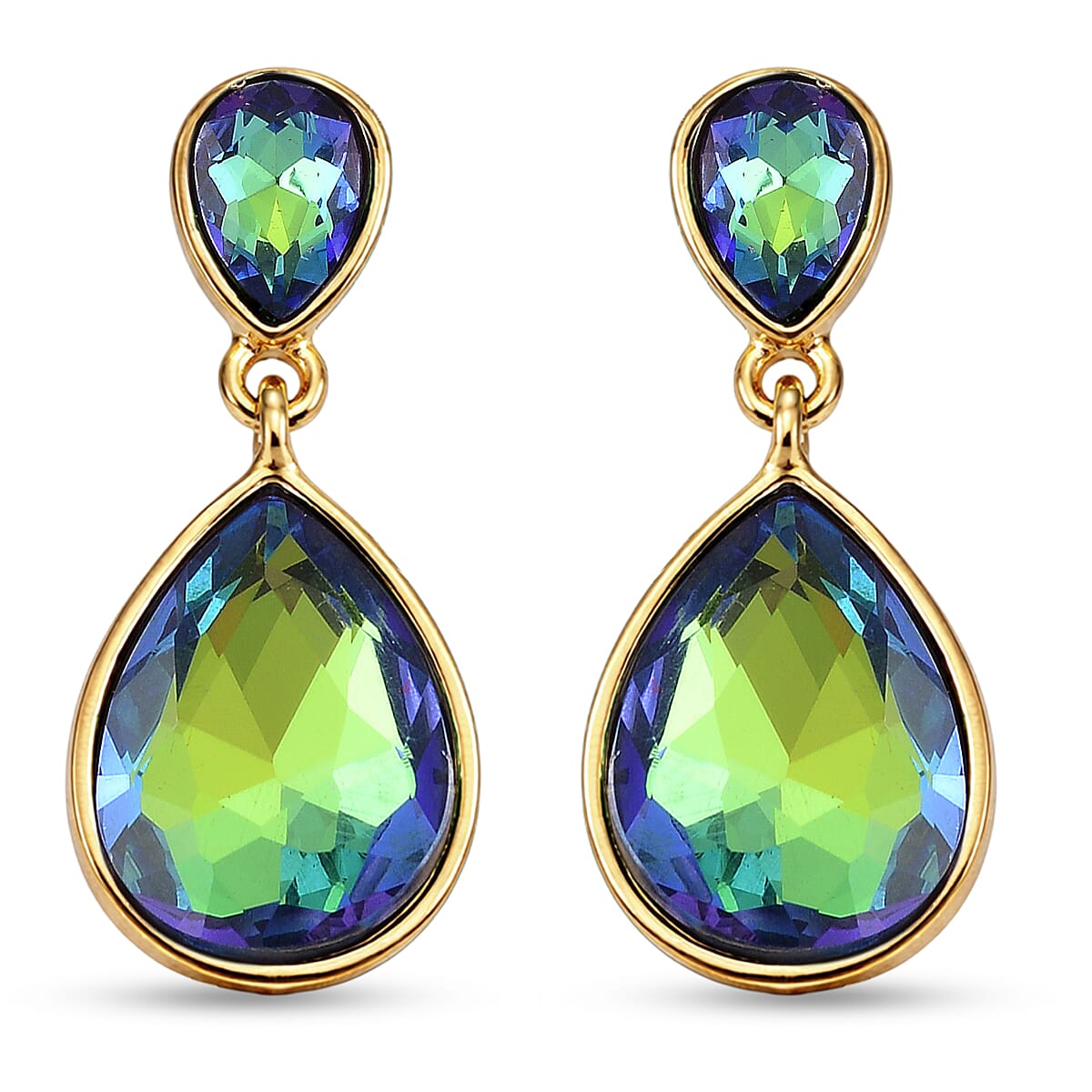 Set of 2 -  Green Magic Color Crystal Dangling Earring with Push Back in Yellow Gold Tone