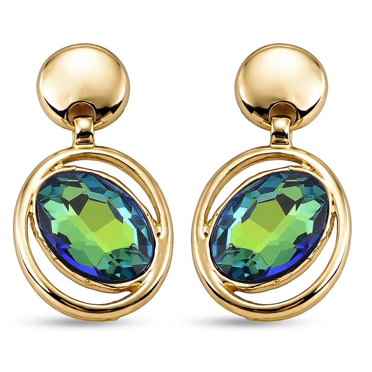 Set of 2 -  Green Magic Color Crystal Dangling Earring with Push Back in Yellow Gold Tone