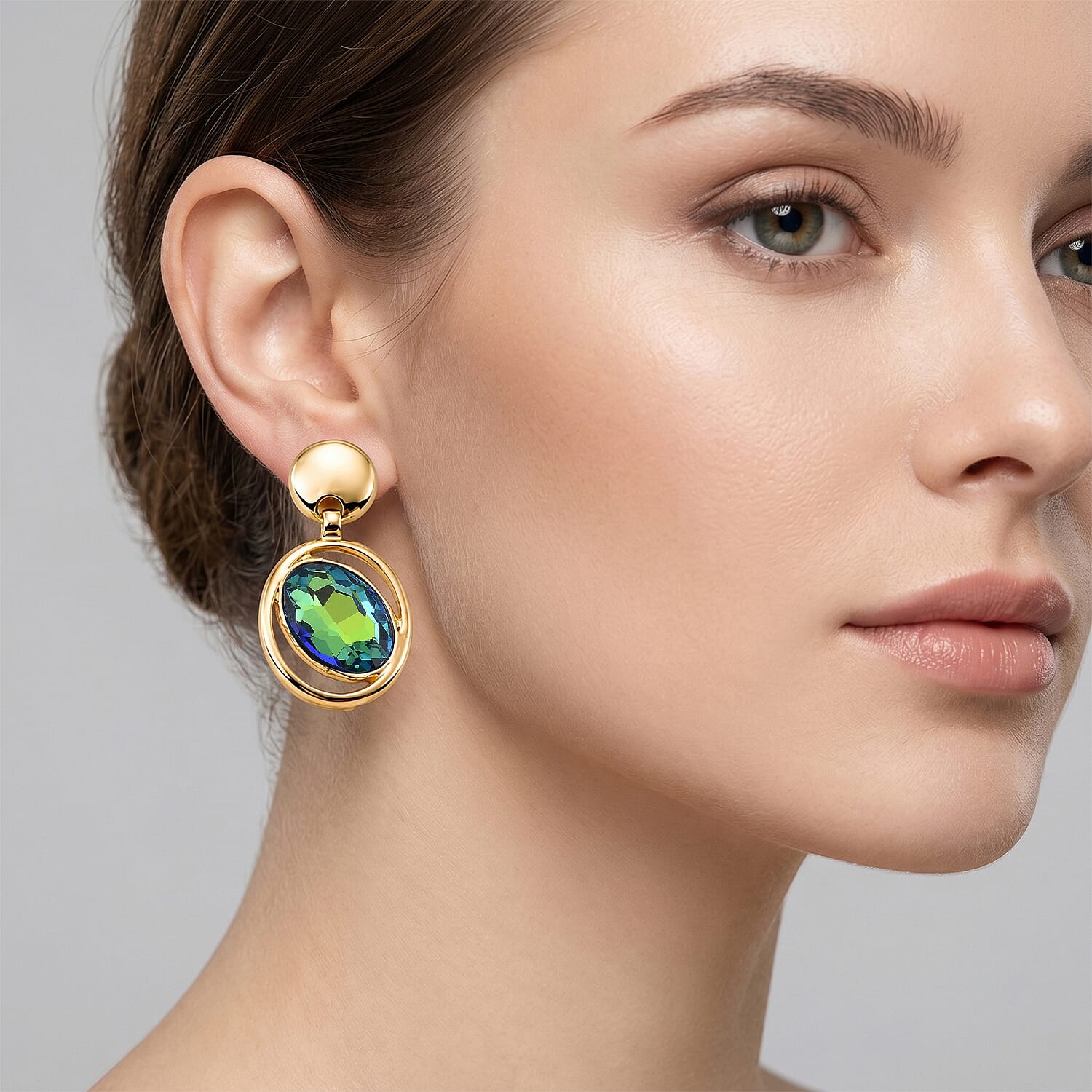 Set of 2 -  Green Magic Color Crystal Dangling Earring with Push Back in Yellow Gold Tone