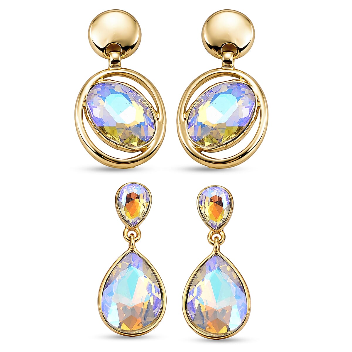 Set of 2 - Simulated Mystic White Crystal Dangling Earring with Push Back in Yellow Gold Tone