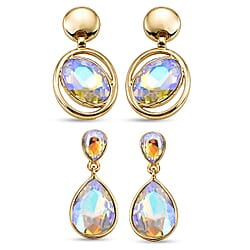 Set of 2 - Green Crystal Pear Dangling Earring with Push Back in Yellow Gold Tone