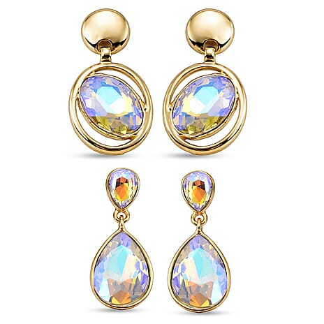 Set of 2 - Simulated Mystic White Crystal Dangling Earring with Push Back in Yellow Gold Tone