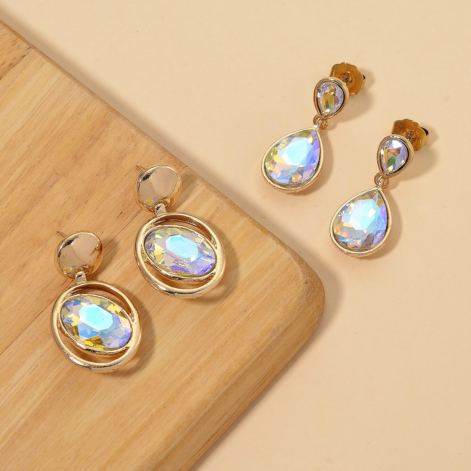 Set of 2 - Simulated Mystic White Crystal Dangling Earring with Push Back in Yellow Gold Tone