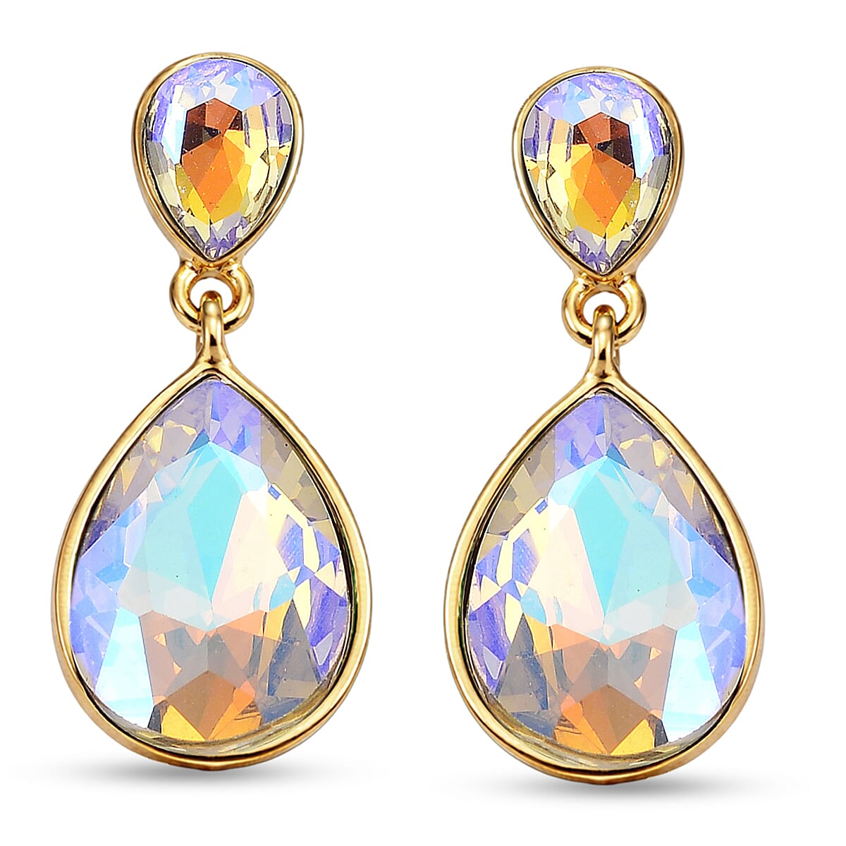 Set of 2 - Simulated Mystic White Crystal Dangling Earring with Push Back in Yellow Gold Tone