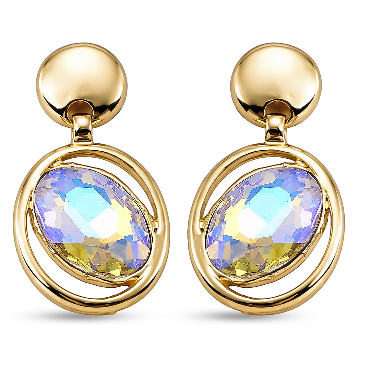 Set of 2 - Simulated Mystic White Crystal Dangling Earring with Push Back in Yellow Gold Tone