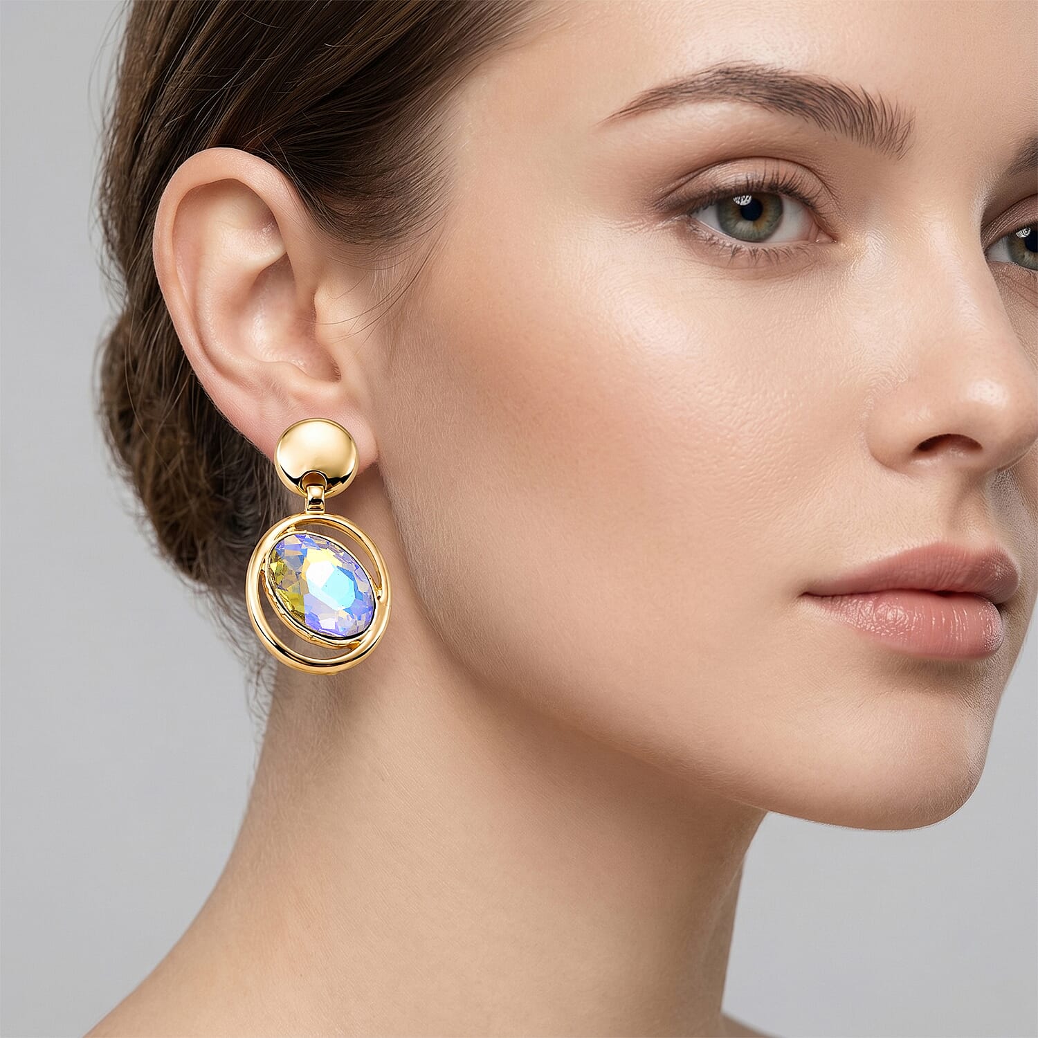 Set of 2 - Simulated Mystic White Crystal Dangling Earring with Push Back in Yellow Gold Tone