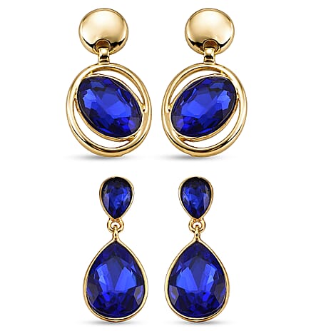 Set of 2 - Blue Crystal Dangling Earring with Push Back in Yellow Gold Tone
