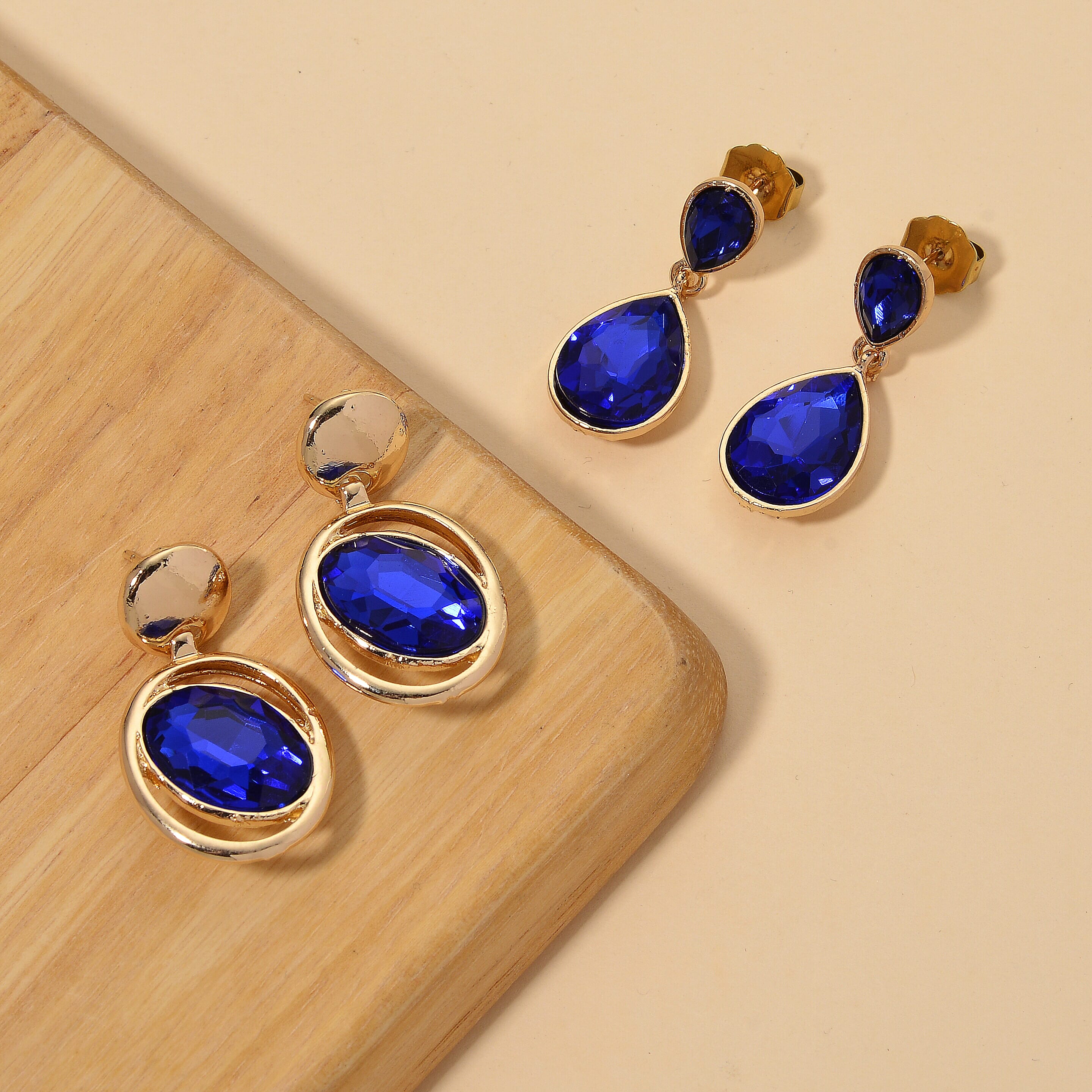 Set of 2 - Blue Crystal Dangling Earring with Push Back in Yellow Gold Tone