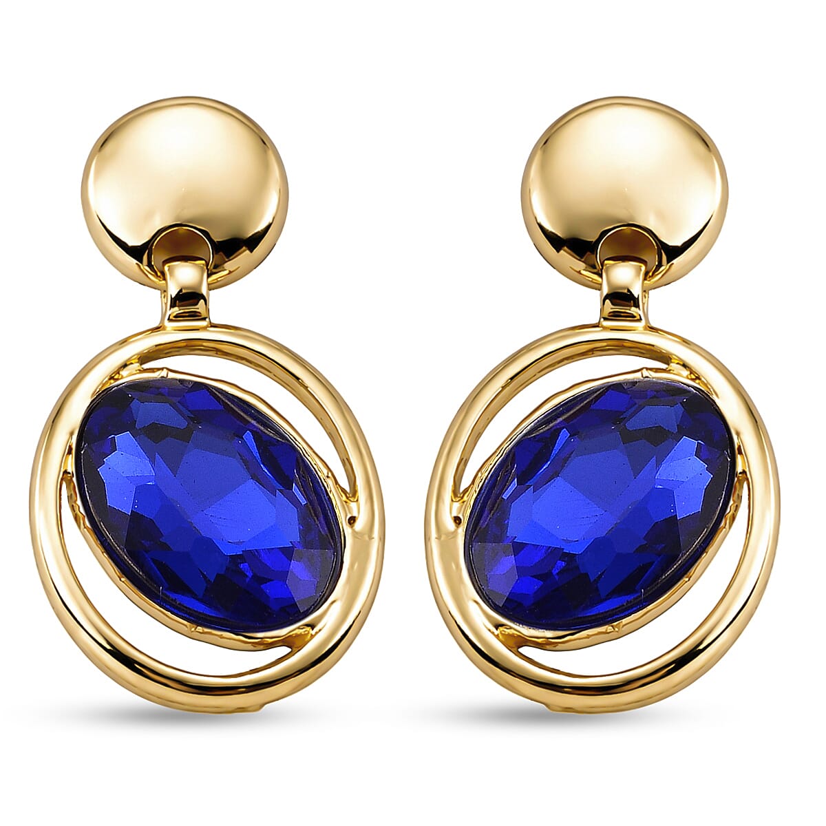 Set of 2 - Blue Crystal Dangling Earring with Push Back in Yellow Gold Tone
