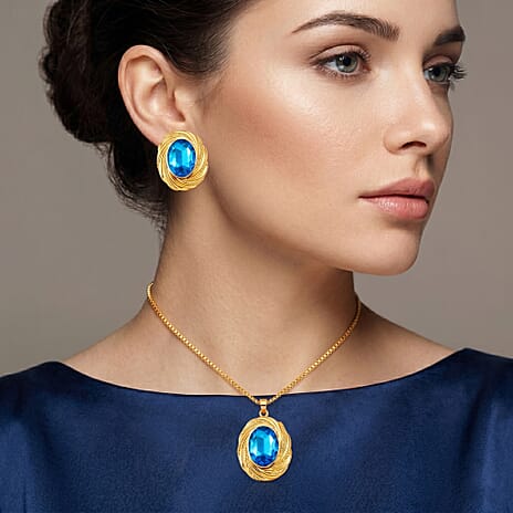Set of 2 - Blue Crystal Necklace (Size - 20-2 Ext) & Earring with Push Back in Yellow Gold Tone
