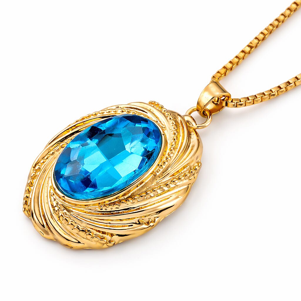 Set of 2 - Blue Crystal Necklace (Size - 20-2 Ext) & Earring with Push Back in Yellow Gold Tone