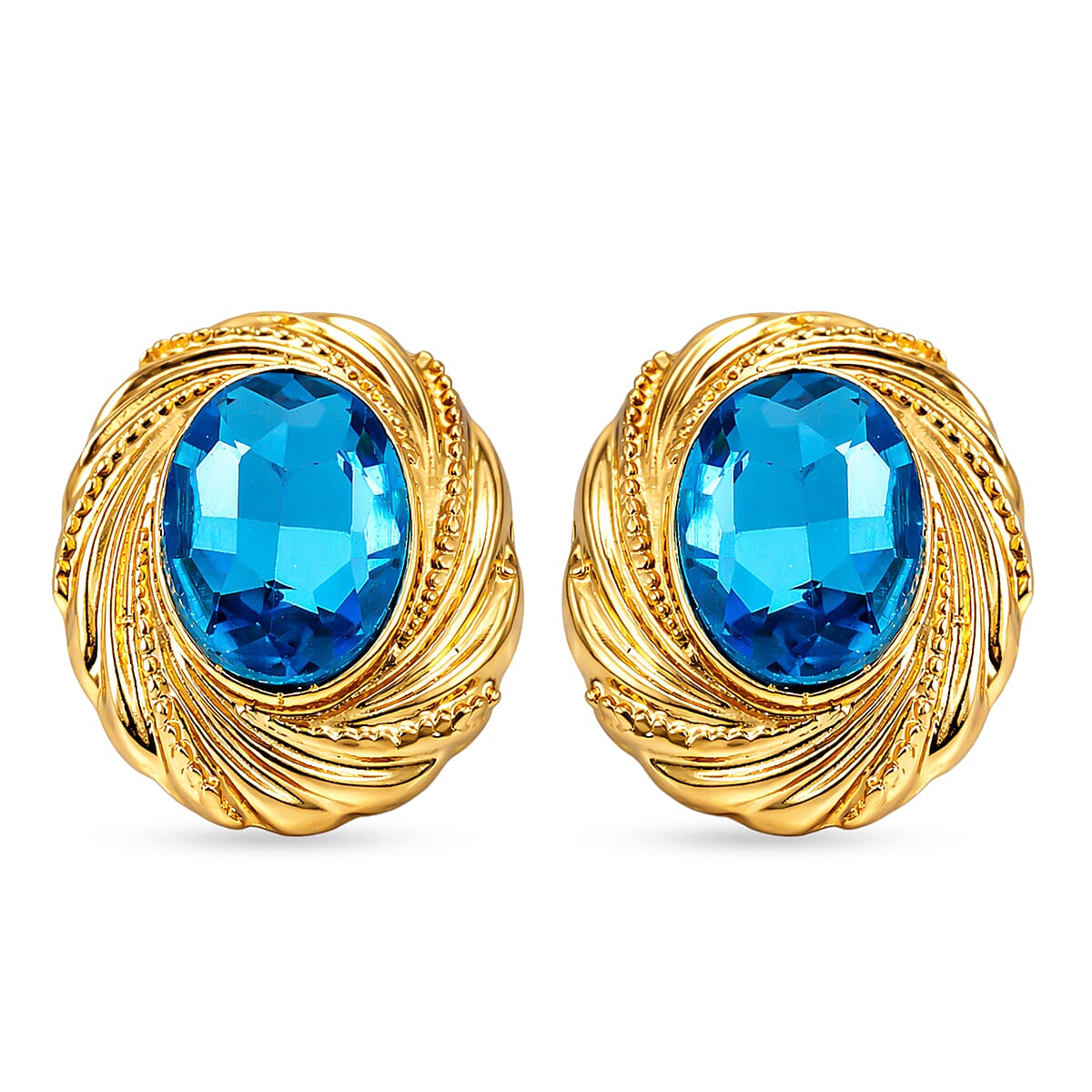 Set of 2 - Blue Crystal Necklace (Size - 20-2 Ext) & Earring with Push Back in Yellow Gold Tone