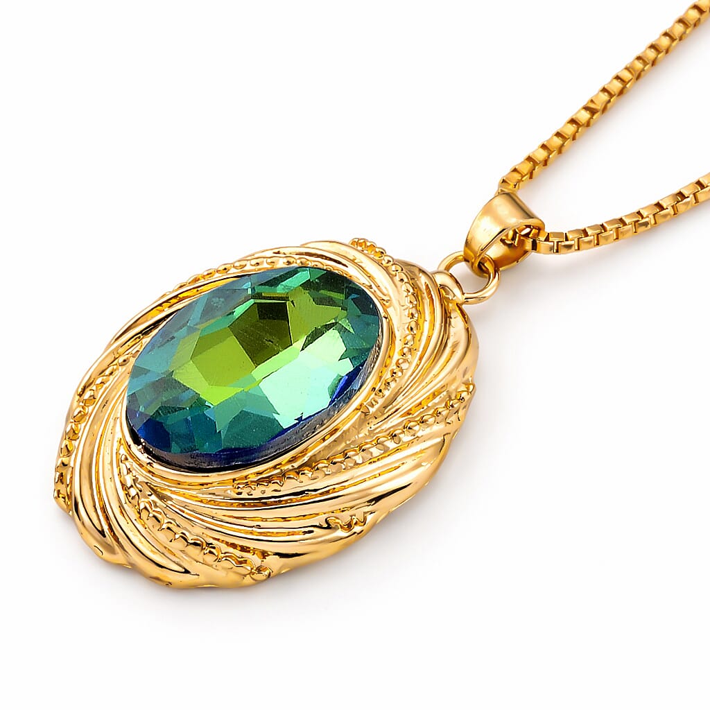 Set of 2 - Green Magic Color Crystal Necklace (Size - 20-2 Ext) & Earring with Push Back in Yellow Gold Tone