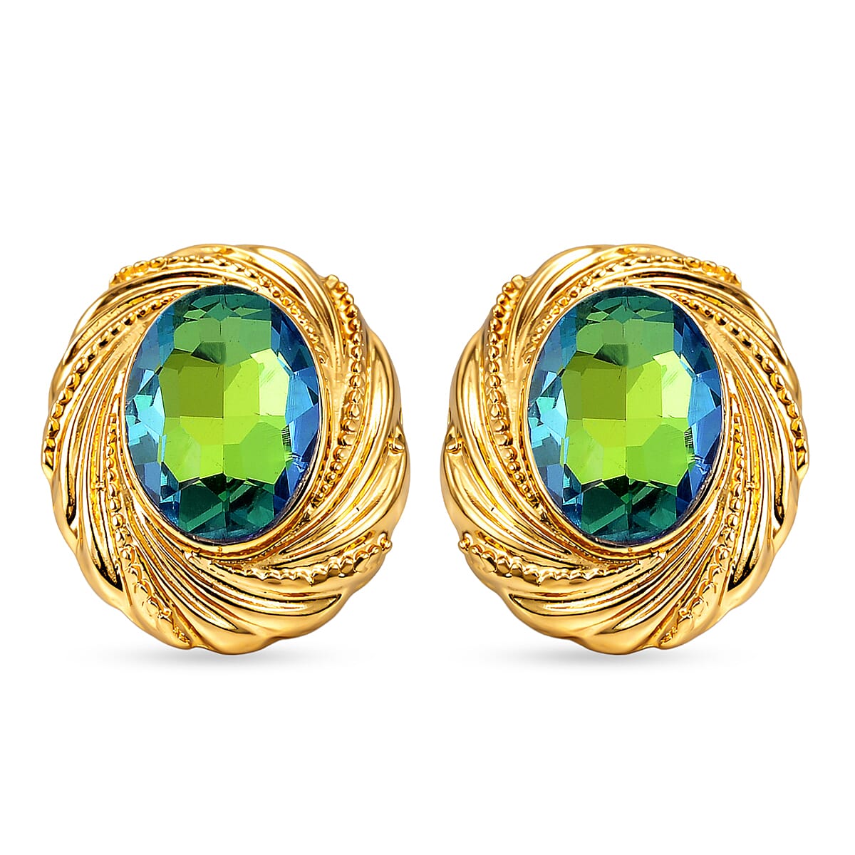 Set of 2 - Green Magic Color Crystal Necklace (Size - 20-2 Ext) & Earring with Push Back in Yellow Gold Tone