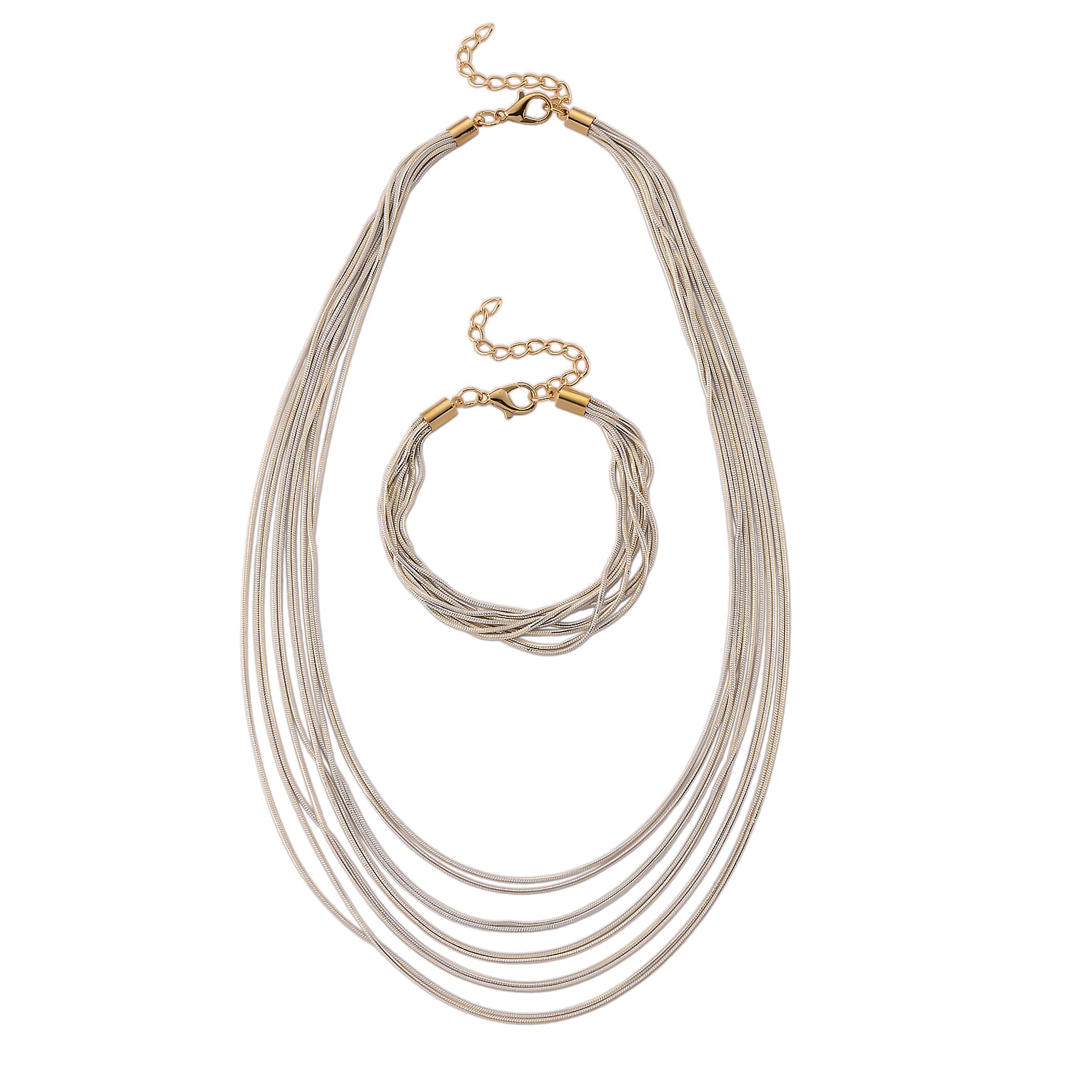 Set of 2 - Silver-Plated Twisted Strand Bracelet (Size - 7-2 Ext) & Necklace (18-2 Ext) with Gold Plated Clasp