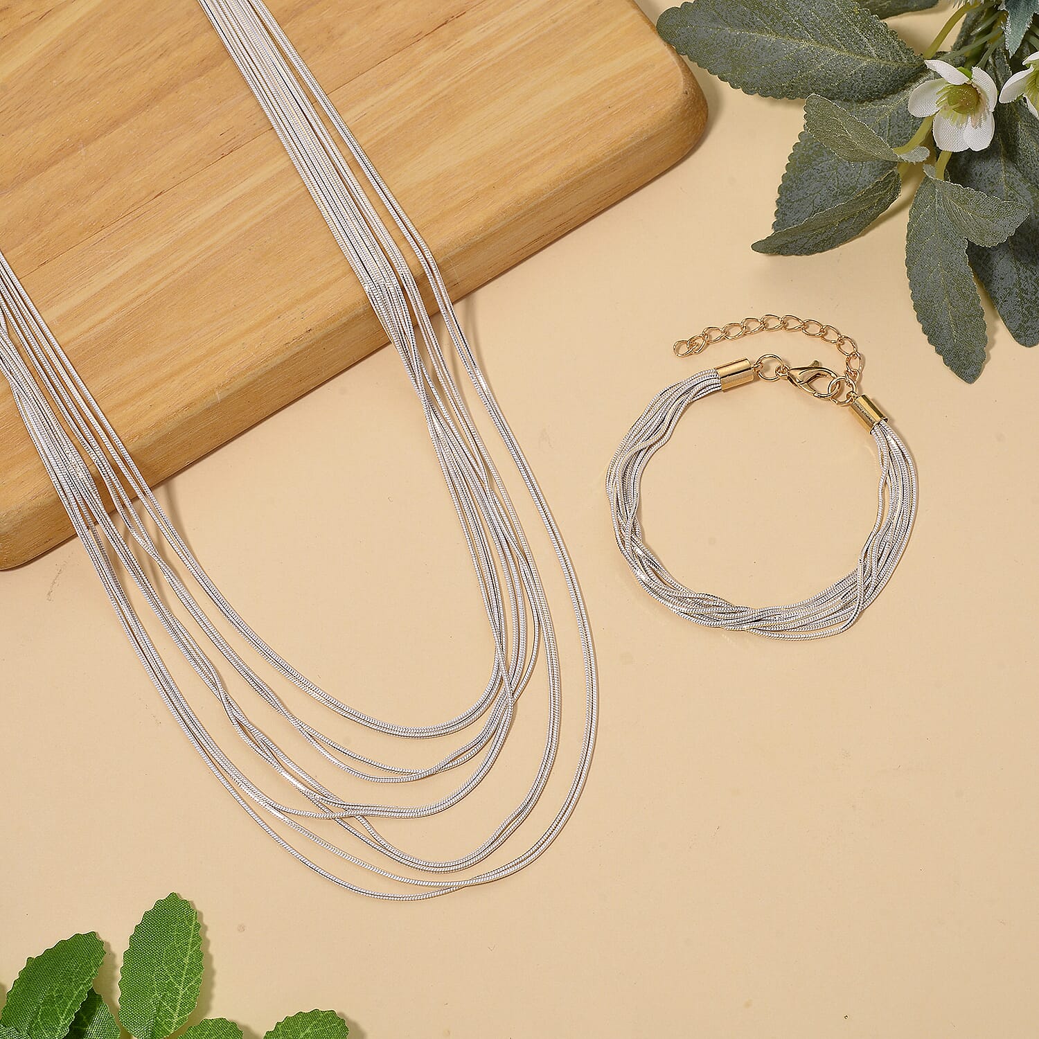 Set of 2 - Silver-Plated Twisted Strand Bracelet (Size - 7-2 Ext) & Necklace (18-2 Ext) with Gold Plated Clasp
