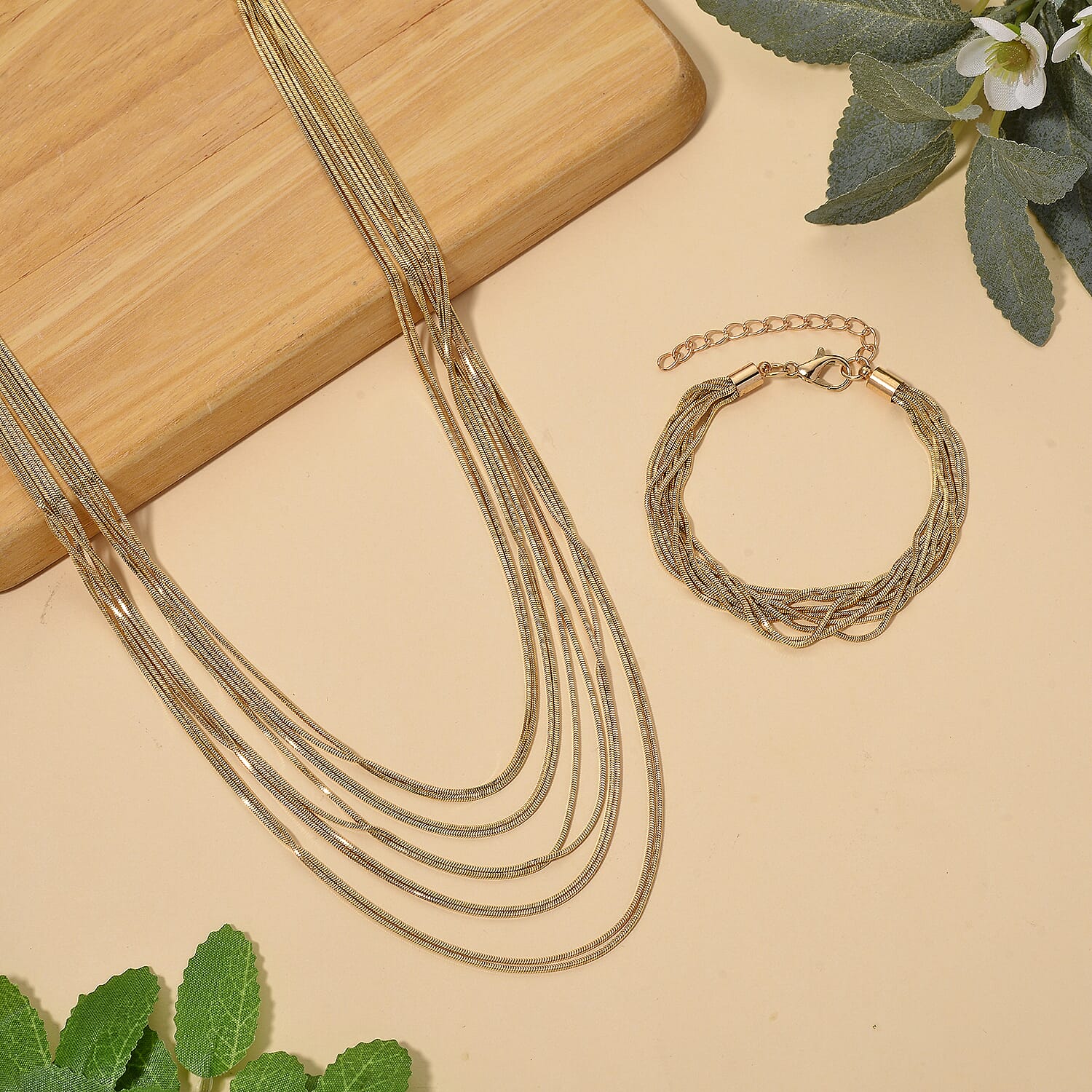 Set of 2 - Twisted Strand Bracelet (Size - 7-2 Ext) & Necklace (18-2 Ext) in Yellow Gold Tone