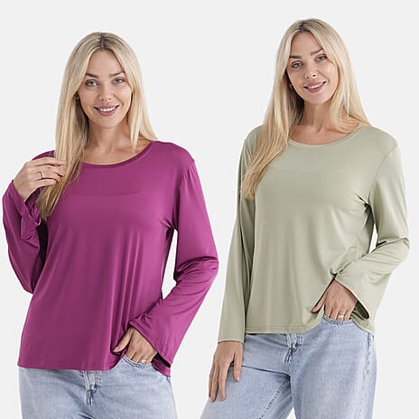 Styledby Set Of 2 Long-Sleeve Roundneck Supersoft Casual Tops (Size 12 To 14) - Raspberry - Pista