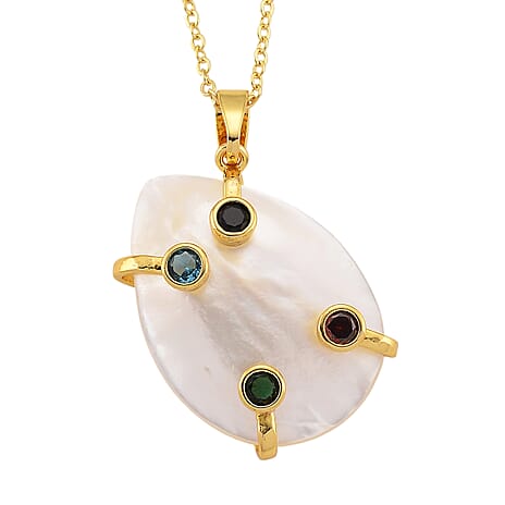White Keshi Pearl & Multi Color Cubic Zirconia Pendant with Chain (Size 20-2 Ext) 15.00 Ct.
