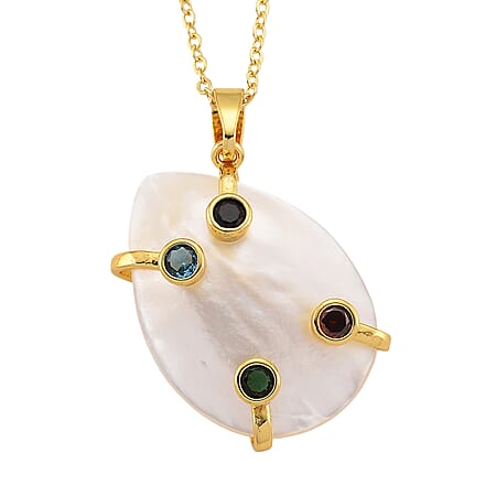 White Keshi Shell Pearl & Multi Color Cubic Zirconia Pendant with Chain (Size 20-2 Ext) White Keshi Shell Pearl & Multi Color Cubic Zirconia Pendant with Chain (Size 20-2 Ext)