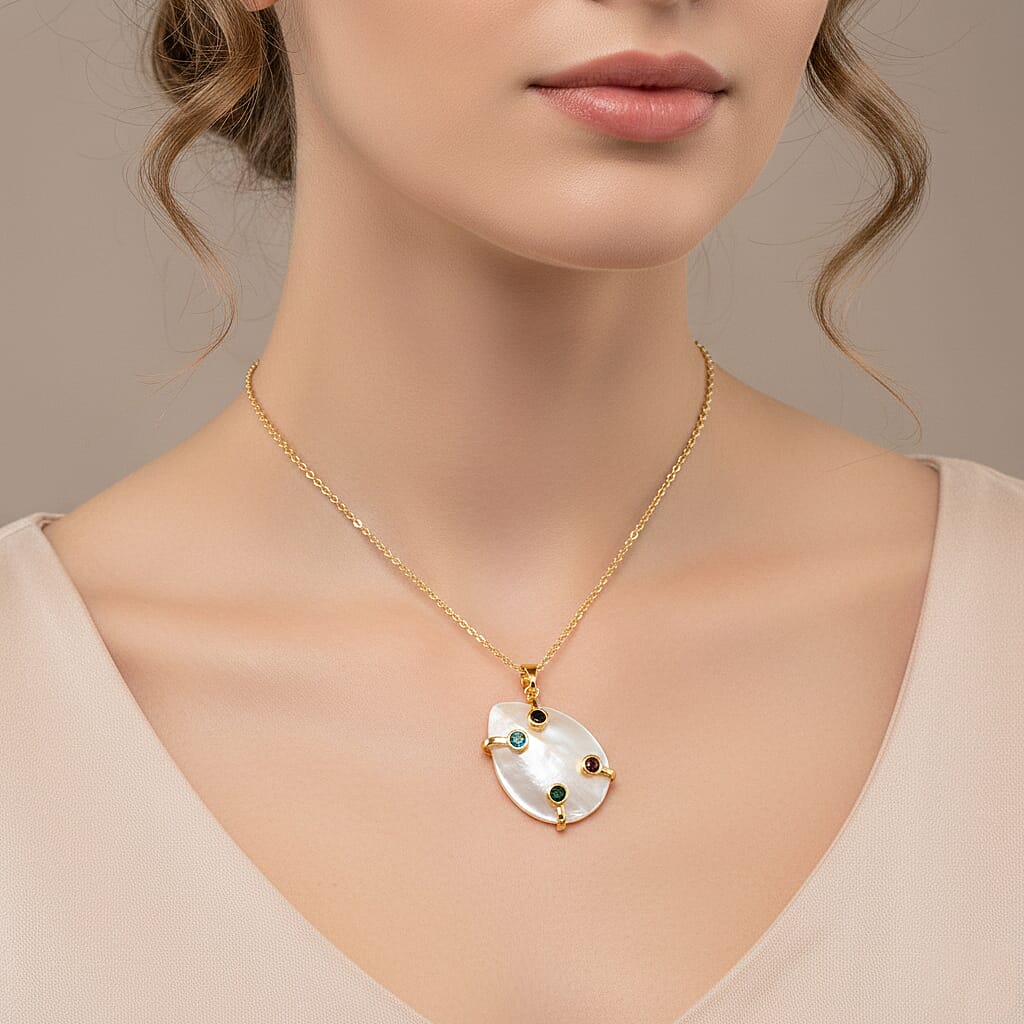 White Keshi Pearl & Multi Color Cubic Zirconia Pendant with Chain (Size 20-2 Ext) 15.00 Ct.