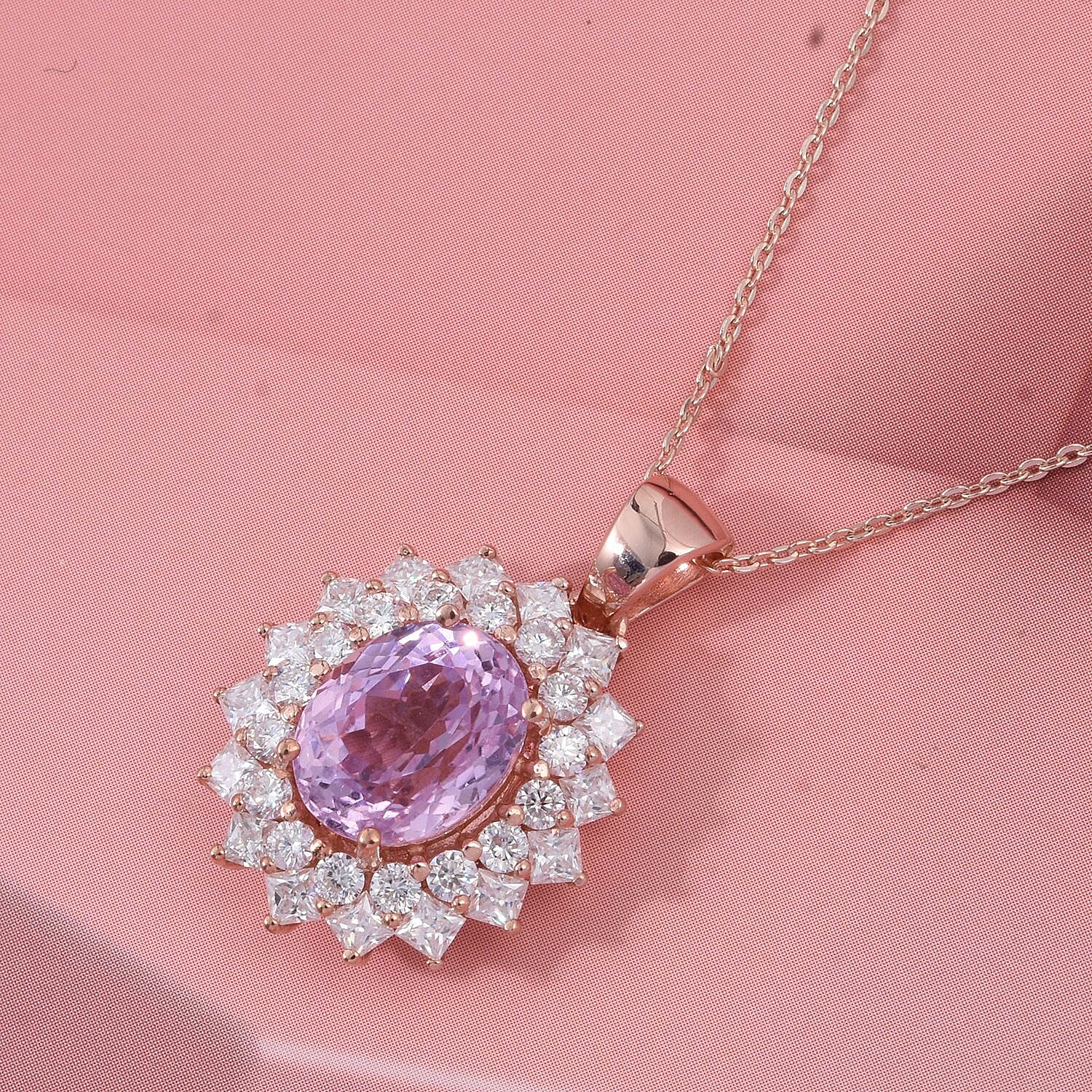 Patroke Kunzite,  Moissanite Pendant with Chain (Size 20) in 18K RG Vermeil Sterling Silver 1.31 ct  4.870  Ct.