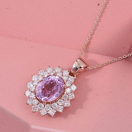 Patroke Kunzite & Moissanite Pendant with Chain (Size 20) in 18K Vermeil Rose Gold Plated Sterling Silver 4.80 Ct.