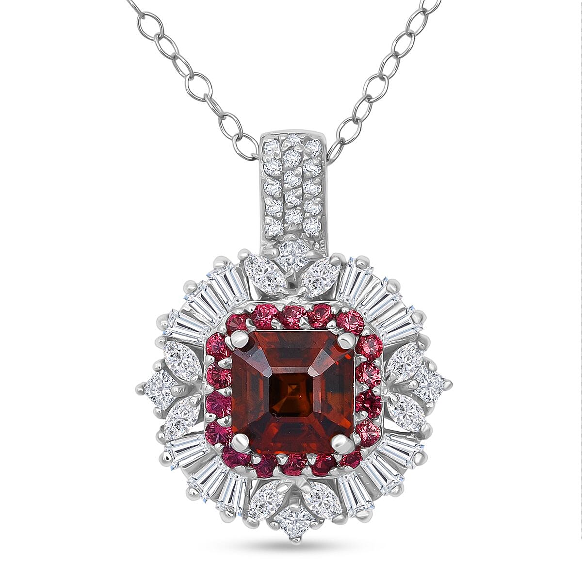 Sunset Zircon,  White Zircon,  Red Sapphire Pendant with Chain (Size 20) in Rhodium Overlay Sterling Silver 1.76 ct  Silver Wt. 5 Gms  4.510  Ct.
