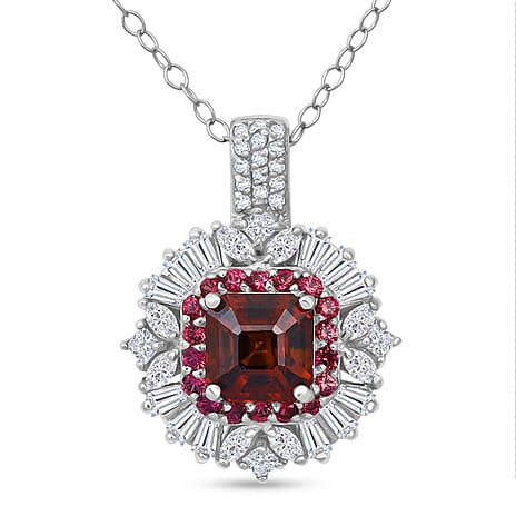 Sunset Zircon,  White Zircon,  Red Sapphire Pendant with Chain (Size 20) in Rhodium Overlay Sterling Silver 1.76 ct  Silver Wt. 5 Gms  4.510  Ct.