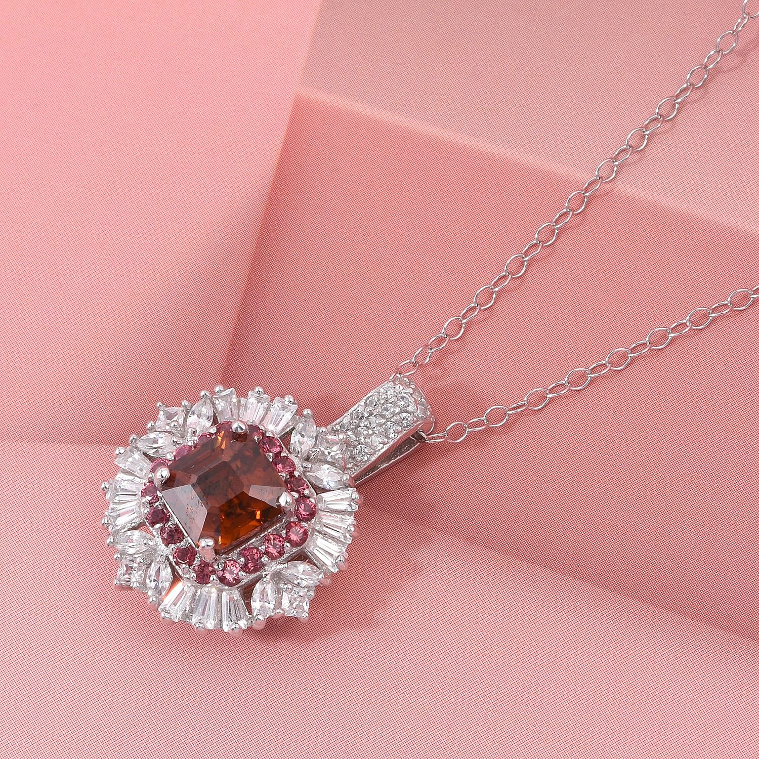 Sunset Zircon,  White Zircon,  Red Sapphire Pendant with Chain (Size 20) in Rhodium Overlay Sterling Silver 1.76 ct  Silver Wt. 5 Gms  4.510  Ct.