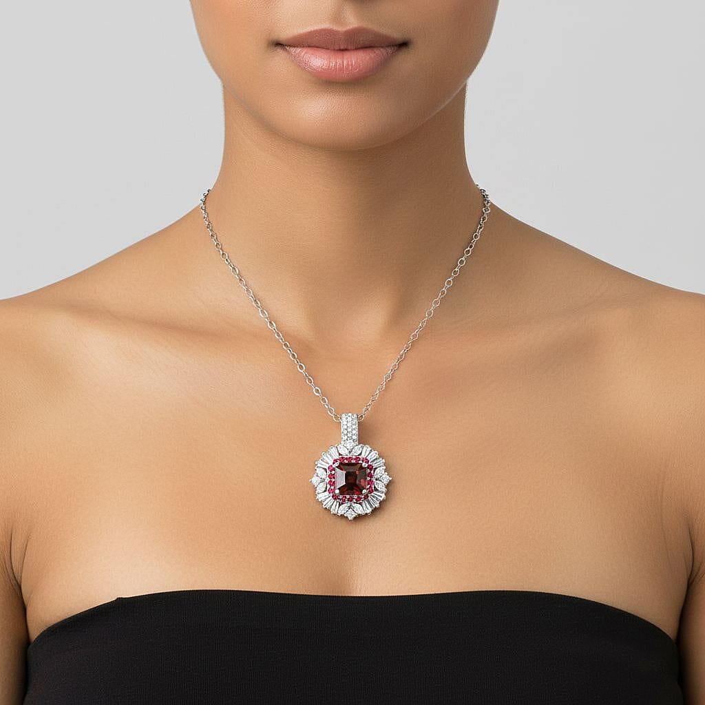 Sunset Zircon,  White Zircon,  Red Sapphire Pendant with Chain (Size 20) in Rhodium Overlay Sterling Silver 1.76 ct  Silver Wt. 5 Gms  4.510  Ct.