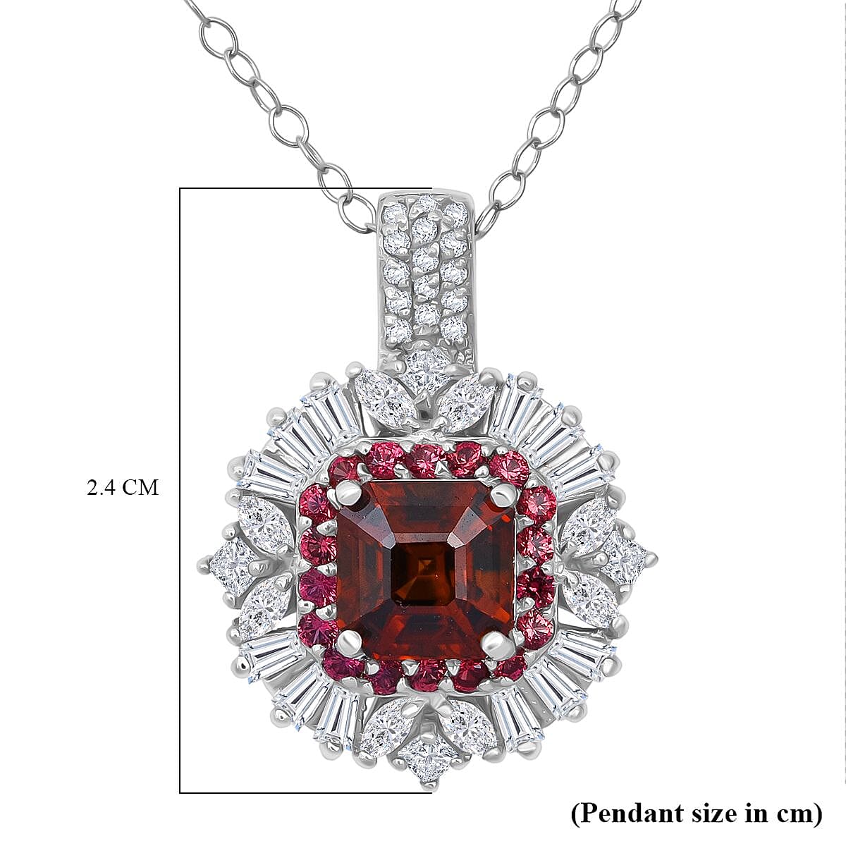 Sunset Zircon,  White Zircon,  Red Sapphire Pendant with Chain (Size 20) in Rhodium Overlay Sterling Silver 1.76 ct  Silver Wt. 5 Gms  4.510  Ct.