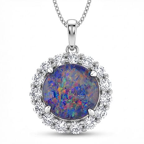 Australian Boulder Opal  & Moissanite Halo Pendant with Chain (Size 18) in Rhodium Overlay Sterling Silver 2.80 Ct.