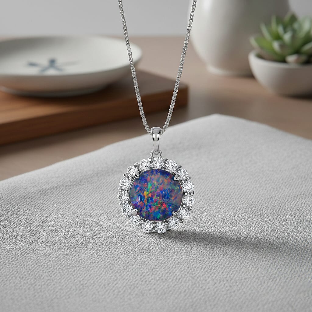 Australian Boulder Opal  & Moissanite Halo Pendant with Chain (Size 18) in Rhodium Overlay Sterling Silver 2.80 Ct.