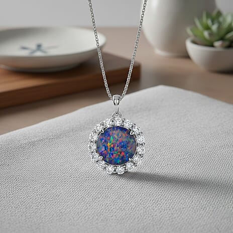 Australian Boulder Opal  & Moissanite Halo Pendant with Chain (Size 18) in Rhodium Overlay Sterling Silver 2.80 Ct.