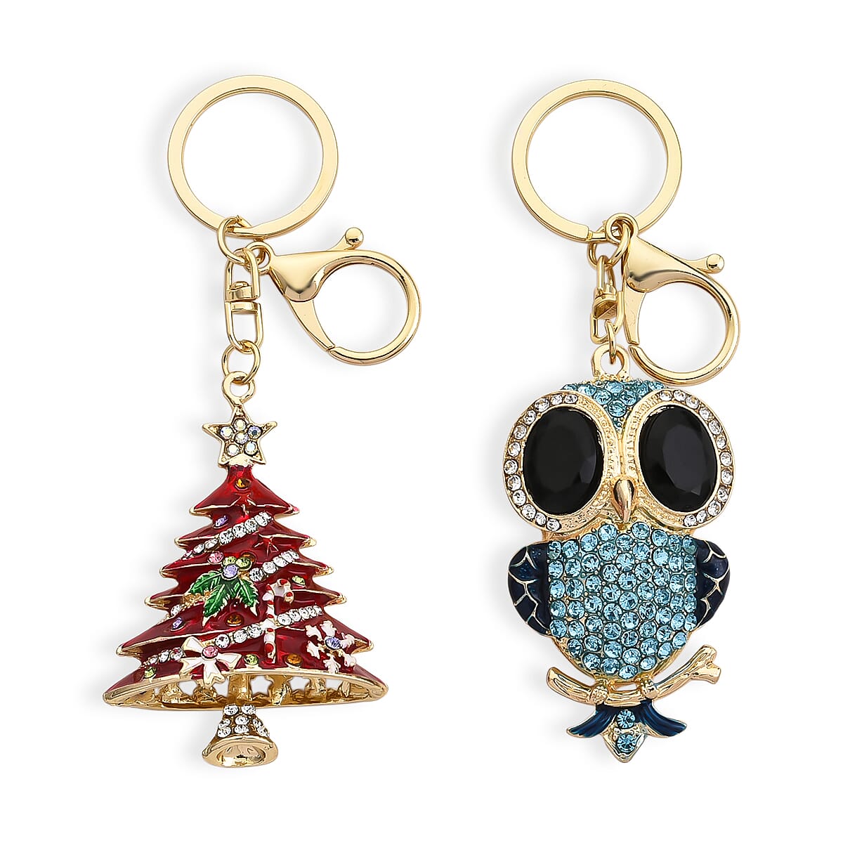Set of 2 - Multi Colour Crystal Keychain in Christmas & Owl Design