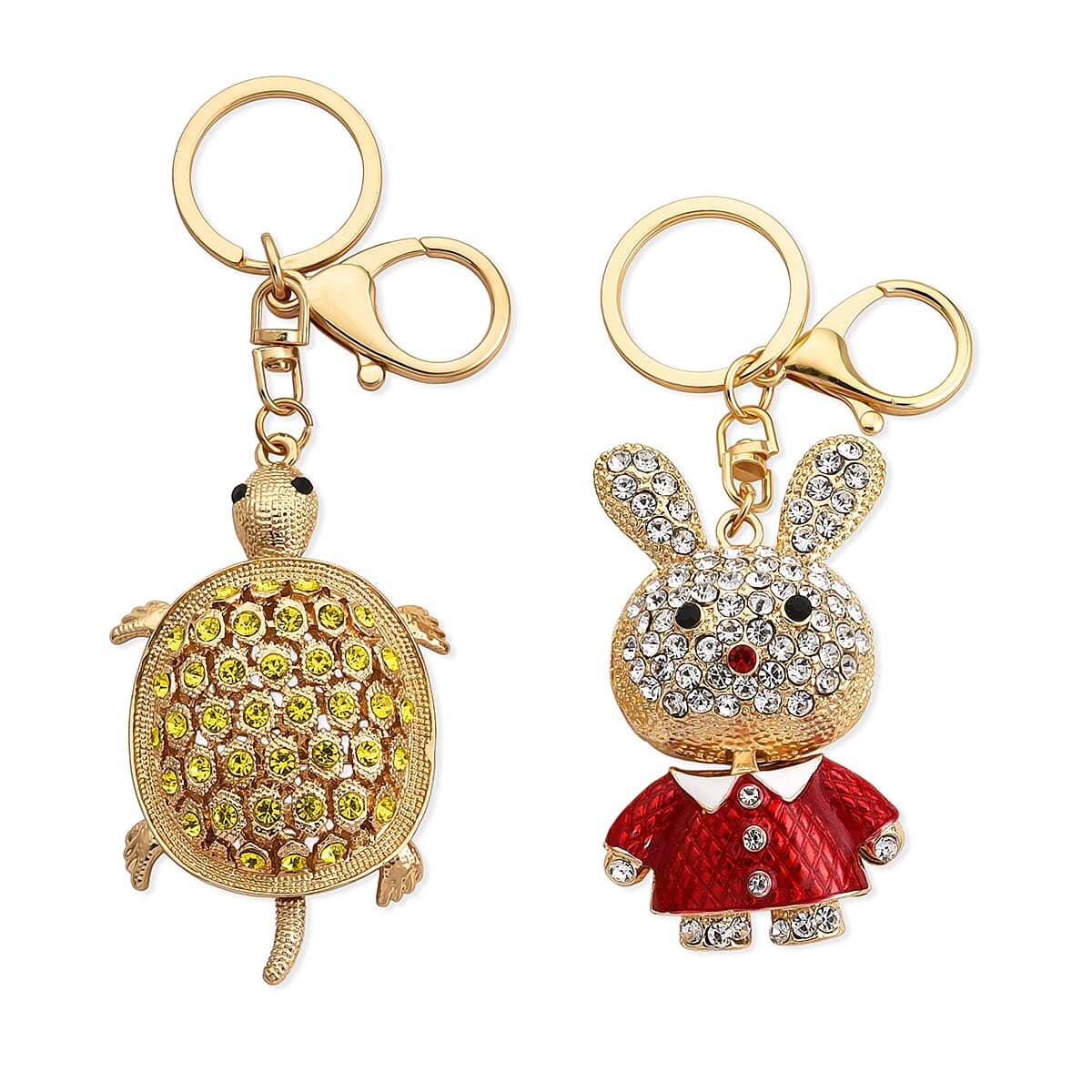 Set of 2 - Multi-Color Crystal Keychain in Tortoise & Rabbit Design