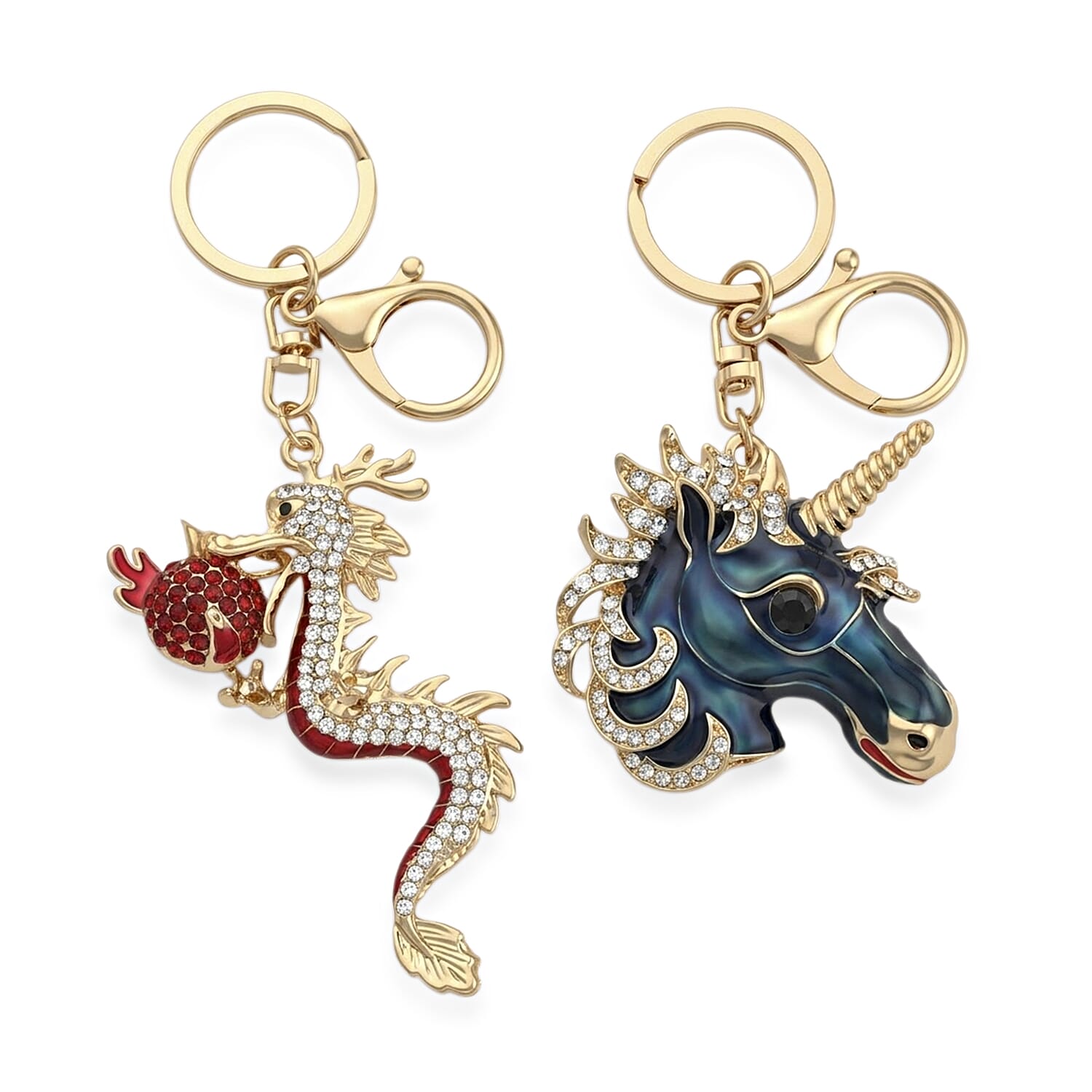 Set of 2 - Multi-Color Crystal Keychain in Unicorn & Dragon Design
