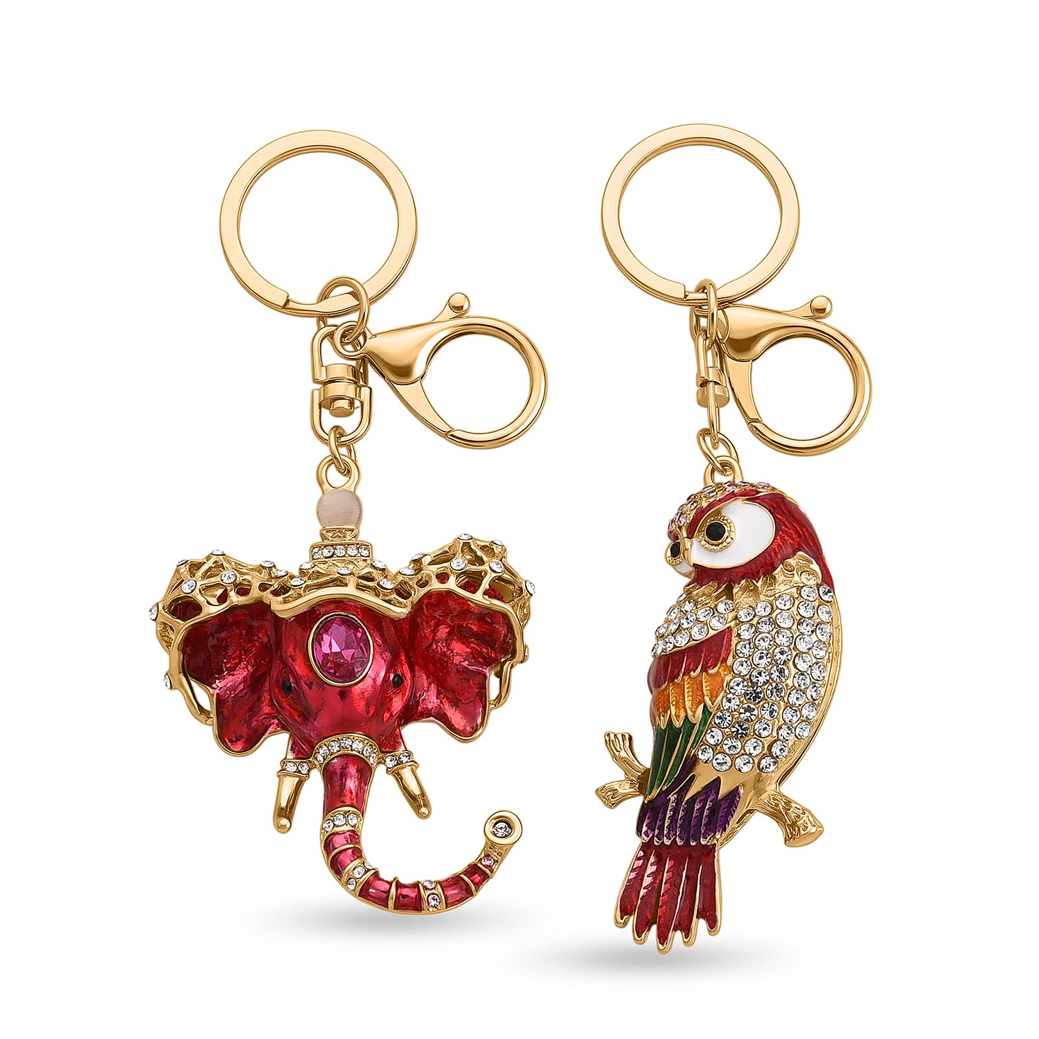 Set of 2 - Multi Colour Crystal & Created White Cat's Eye Keychain in Elephant Trunk & Bird Design