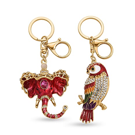 Set of 2 - Multi Colour Crystal & Created White Cat's Eye Keychain in Elephant Trunk & Bird Design