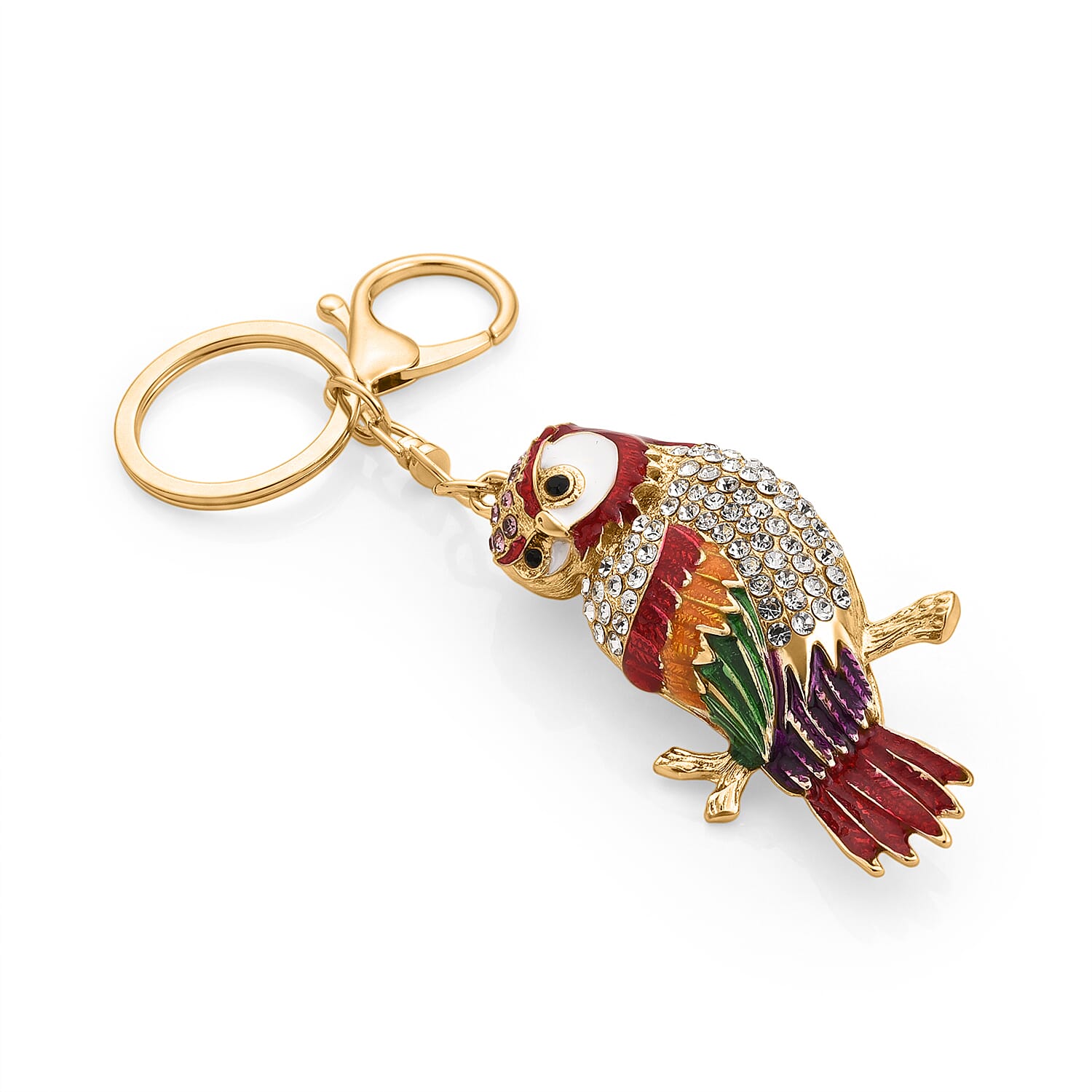 Set of 2 - Multi Colour Crystal & Created White Cat's Eye Keychain in Elephant Trunk & Bird Design